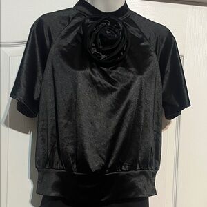 Elegant Black Satin Short-Sleeve Top with Rosette Detail